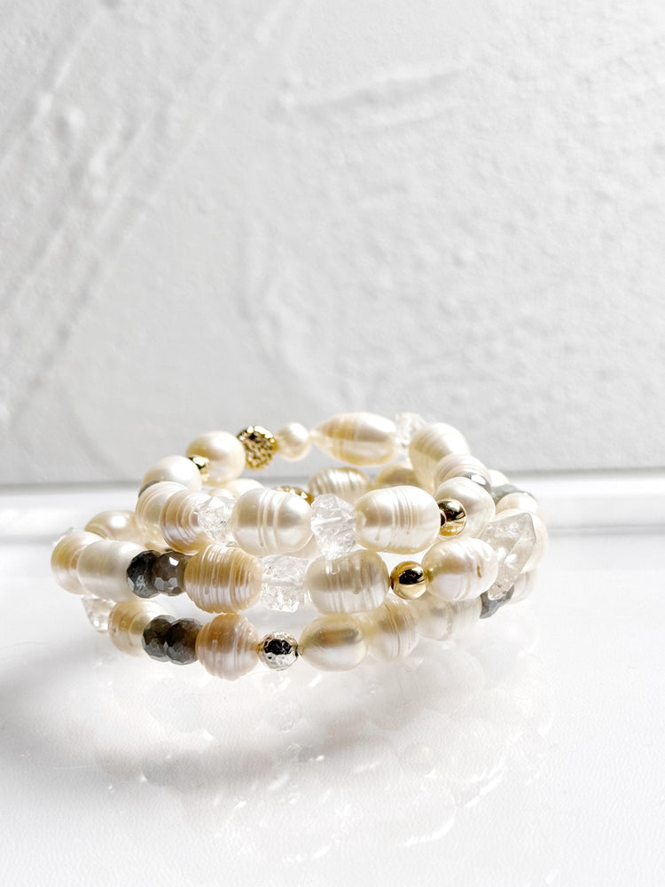 Pearl, Herkimer Diamond and Labradorite