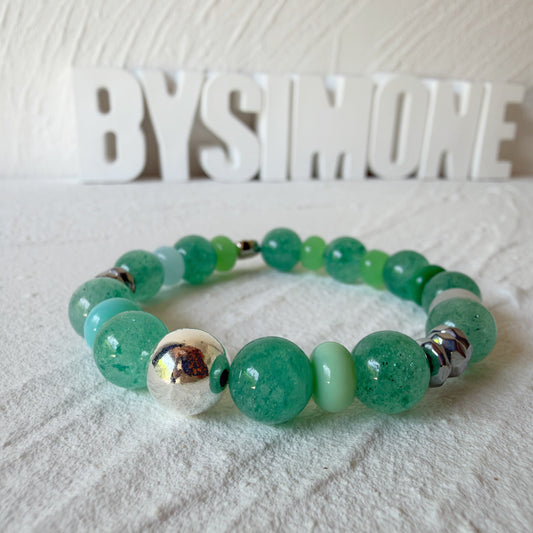 Green Strawberry Quartz, Agate and Sterling Silver Bracelet