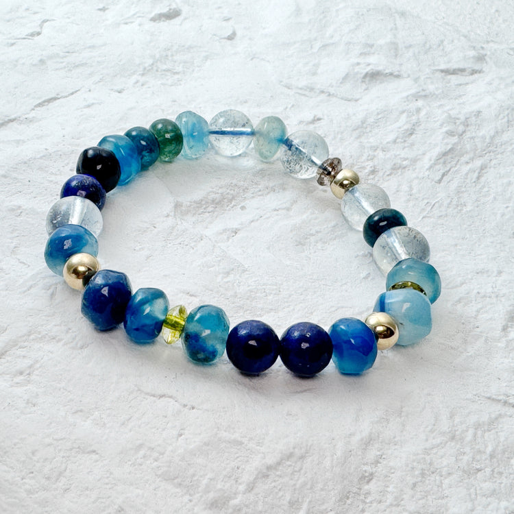 Calcédoine bleue, aigue-marine et agate
