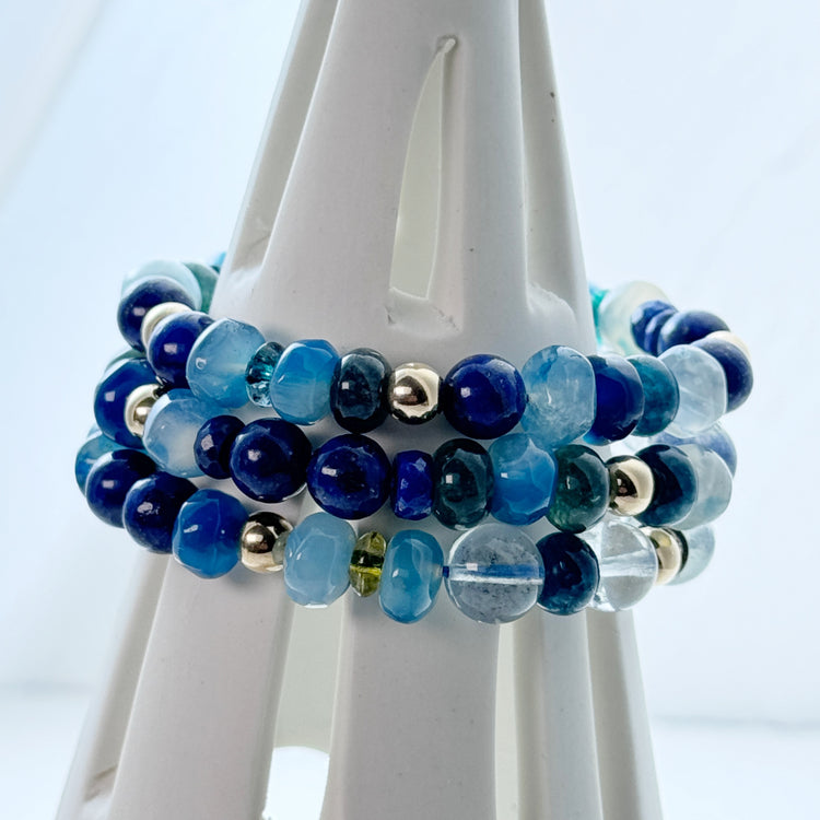 Calcédoine bleue, aigue-marine et agate