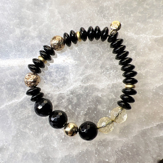Lava Stone, Black Agate and Gold Leaf Beads