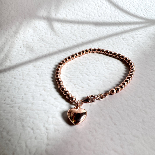 14K Rose Gold Filled Beads Bracelet With Heart Charm