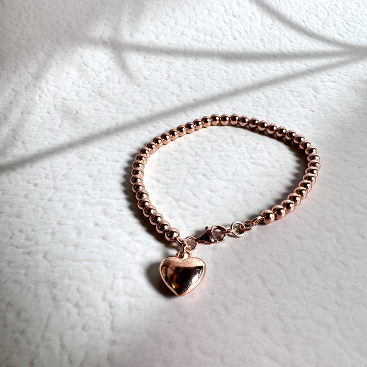 14K Rose Gold Filled Beads Bracelet With Heart Charm