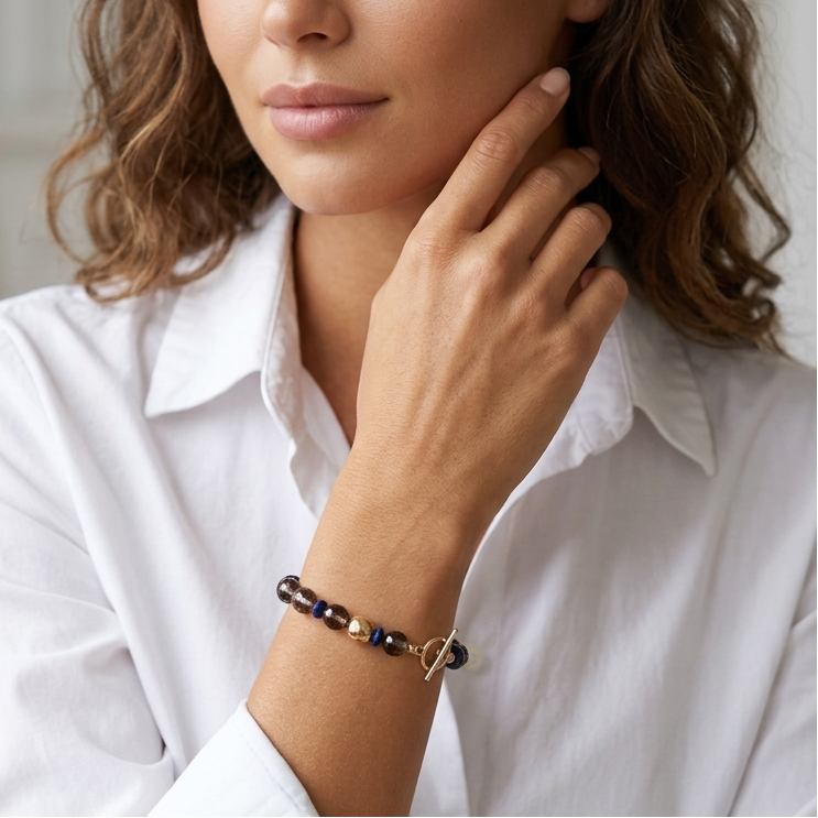 Smoky Quartz, Lapis Lazuli and Gold Filled Bracelet