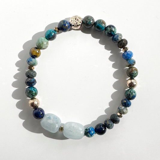 Aquamarine, Azurite, Chrysocolla and Gold filled Bracelet