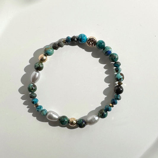 Azurite, Chrysocolla, Pearl and Gold filled Bracelet