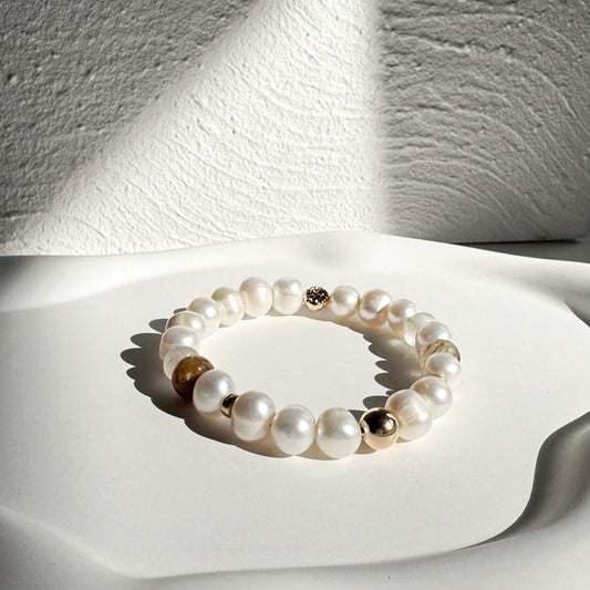 Pearl, Rutilated Quartz and Gold Filled Bracelet