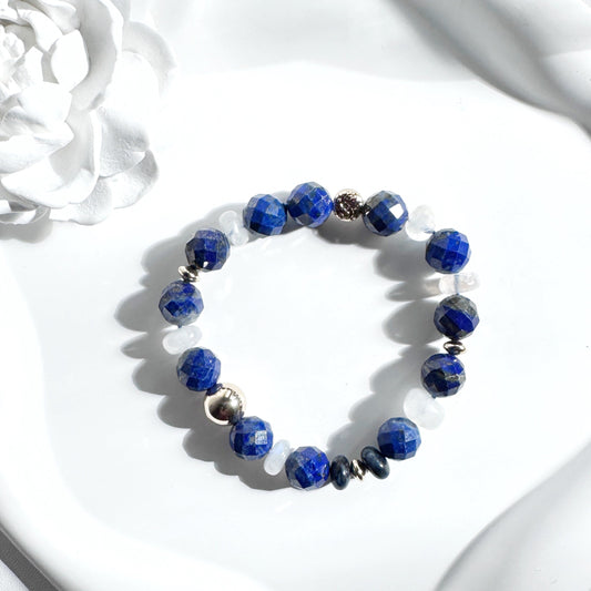 Lapis Lazuli and Moonstone bracelet paired with gold filled elements, hand crafted in Singapore.
