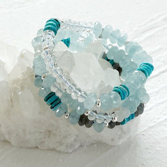 Aquamarine, Clear Quartz and Moonstone