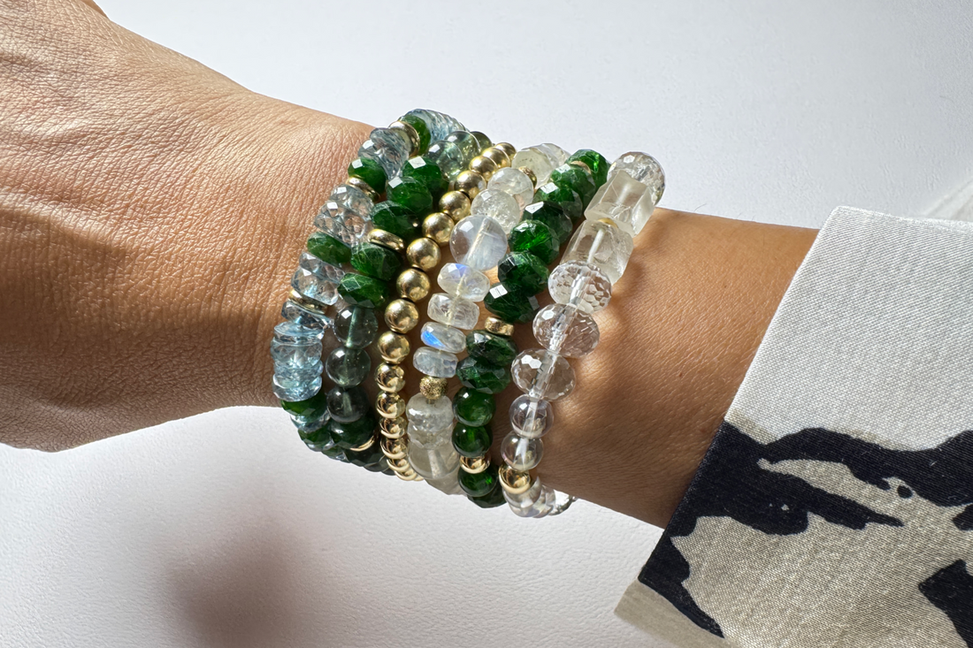 Stack of the day with handmade crystal bracelets