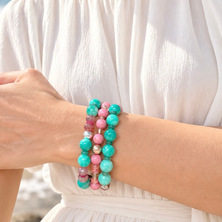 Amazonite, Strawberry Quartz and Sterling Silver Bracelet