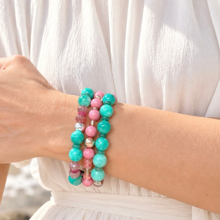 Amazonite, Strawberry Quartz and Sterling Silver Bracelet