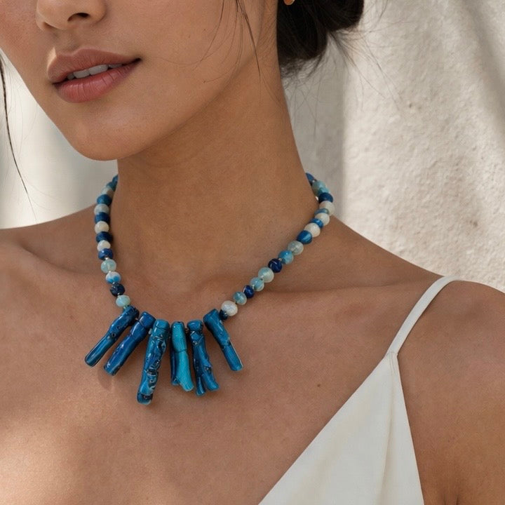 Coral & Blue Chalcedony Statement Necklace with Pearl Clasp