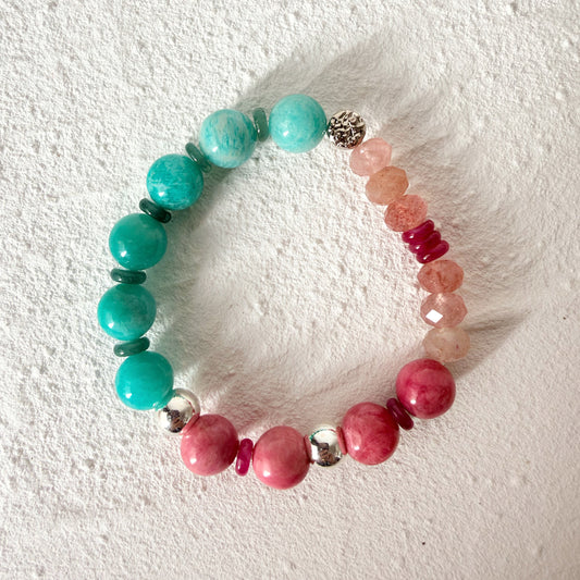 Amazonite, Strawberry Quartz and Sterling Silver Bracelet
