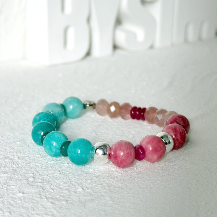 Amazonite, Strawberry Quartz and Sterling Silver Bracelet