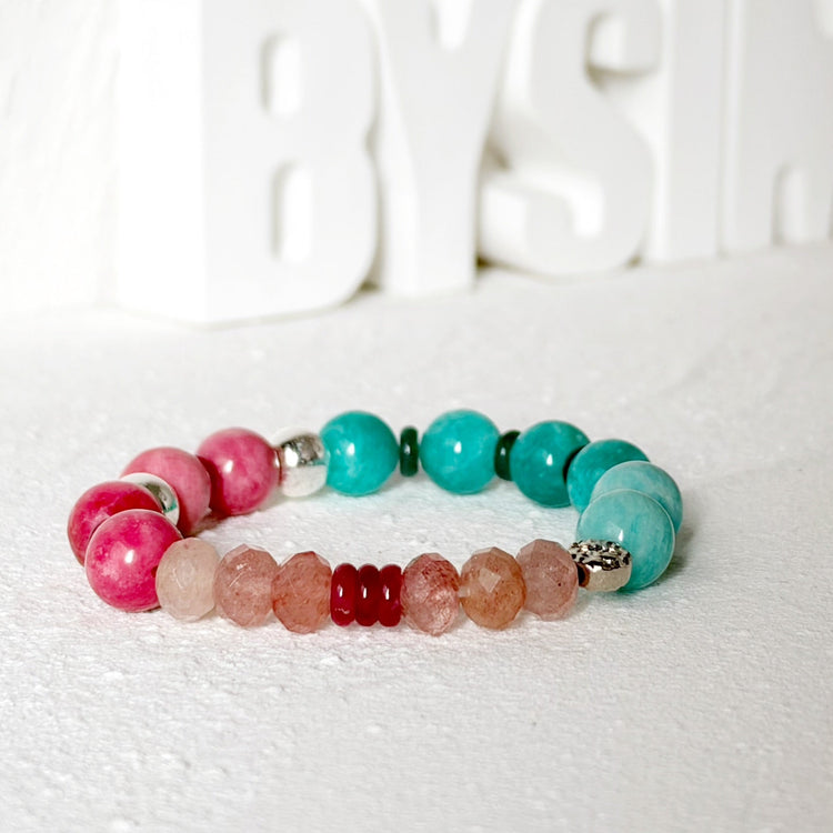 Amazonite, Strawberry Quartz and Sterling Silver Bracelet