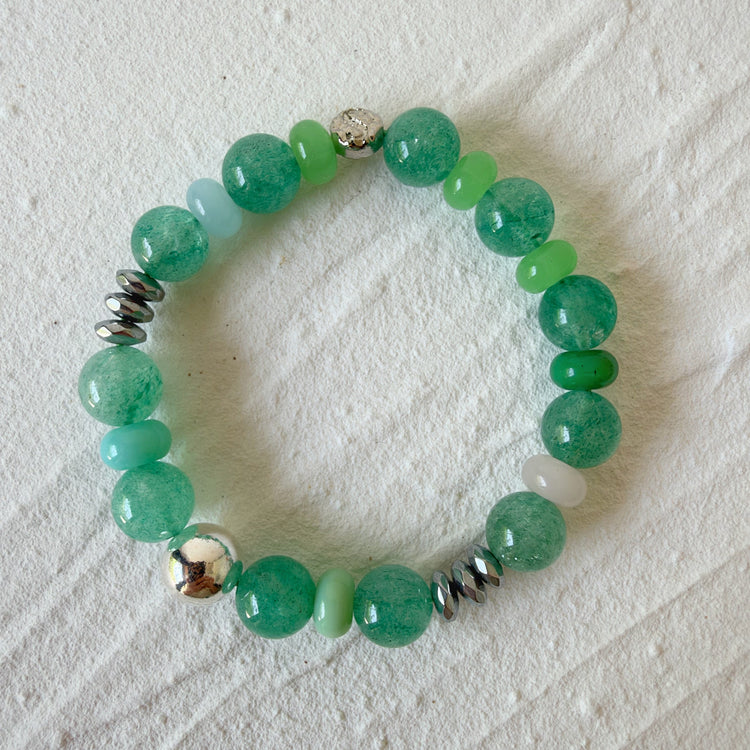 Green Strawberry Quartz, Agate and Sterling Silver Bracelet