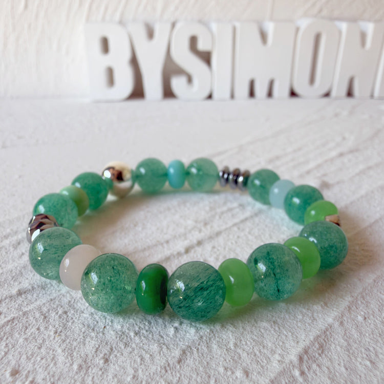 Green Strawberry Quartz, Agate and Sterling Silver Bracelet