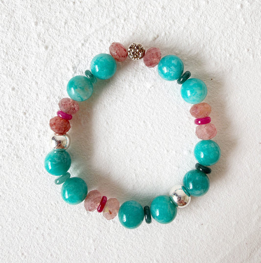 Amazonite, Strawberry Quartz and Sterling Silver Bracelet