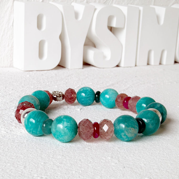 Amazonite, Strawberry Quartz and Sterling Silver Bracelet
