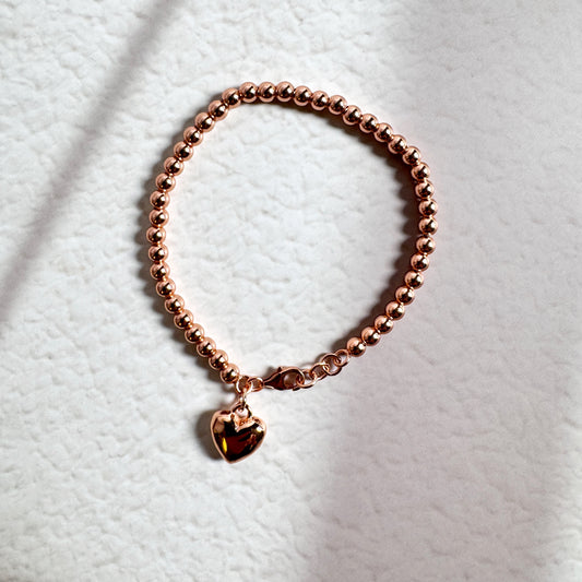 14K Rose Gold Filled Beads Bracelet With Heart Charm