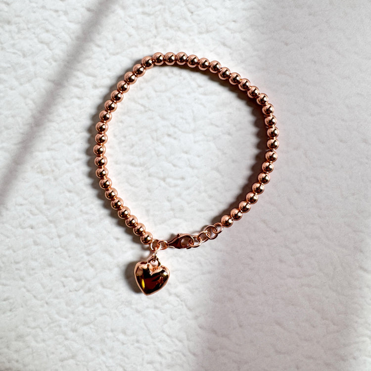 14K Rose Gold Filled Beads Bracelet With Heart Charm