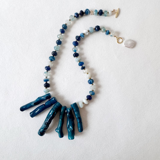 Coral & Blue Chalcedony Statement Necklace with Pearl Clasp