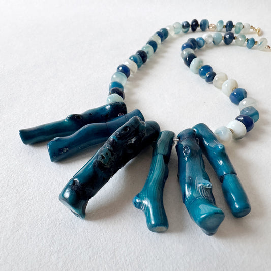 Coral & Blue Chalcedony Statement Necklace with Pearl Clasp