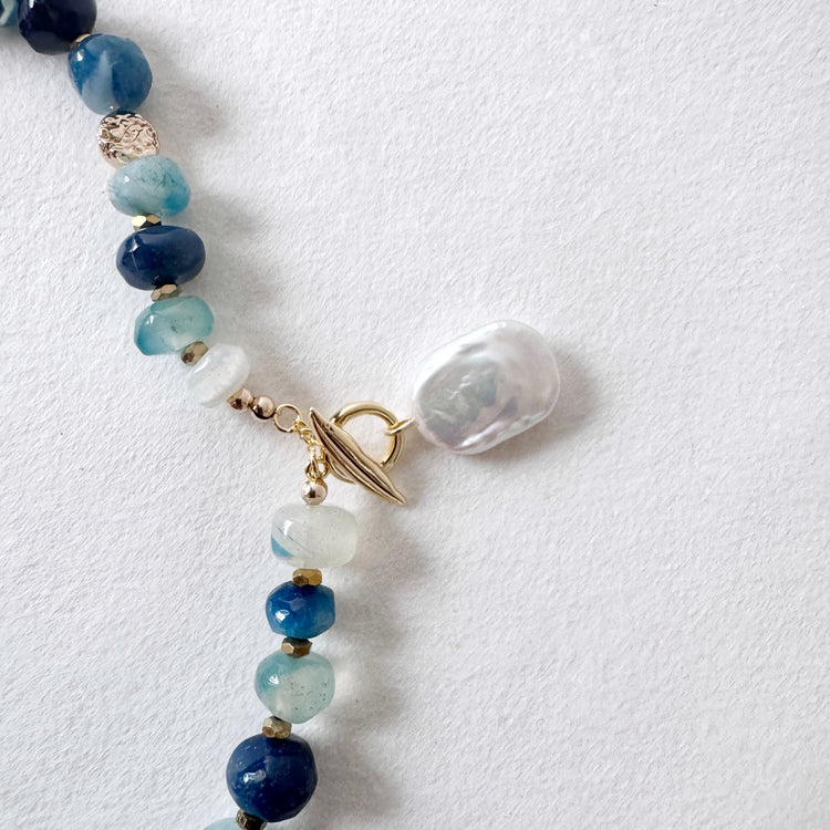 Coral & Blue Chalcedony Statement Necklace with Pearl Clasp