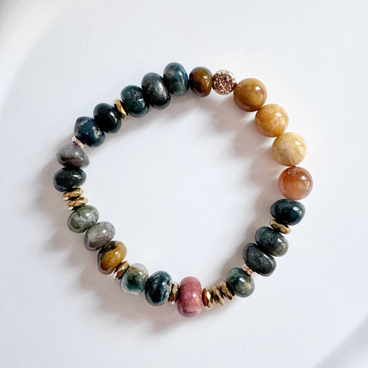Moss Agate, Hematite, Fossil Agate and Gold Filled Bracelet