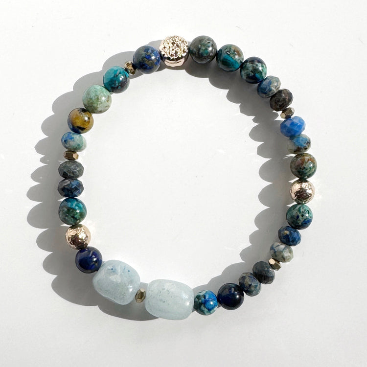 Aquamarine, Azurite, Chrysocolla and Gold filled Bracelet