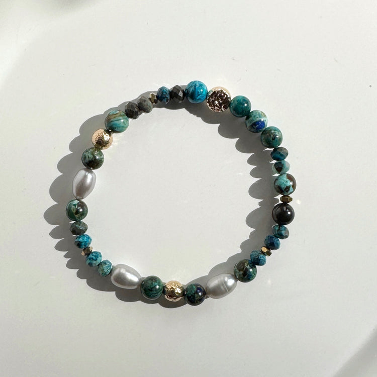 Azurite, Chrysocolla, Pearl and Gold filled Bracelet