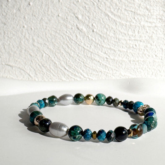 Azurite, Chrysocolla, Pearl and Gold filled Bracelet