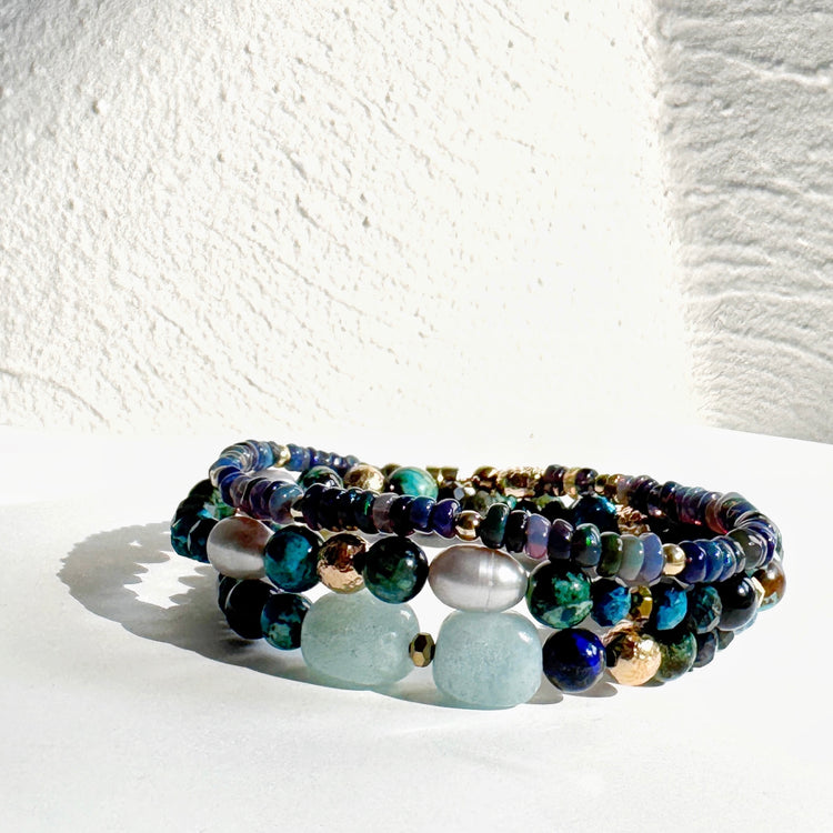 Azurite, Chrysocolla, Pearl and Gold filled Bracelet