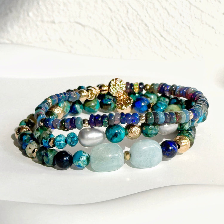 Azurite, Chrysocolla, Pearl and Gold filled Bracelet