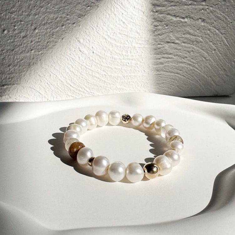 Pearl, Rutilated Quartz and Gold Filled Bracelet