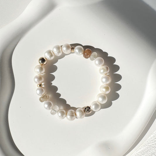 Pearl, Rutilated Quartz and Gold Filled Bracelet