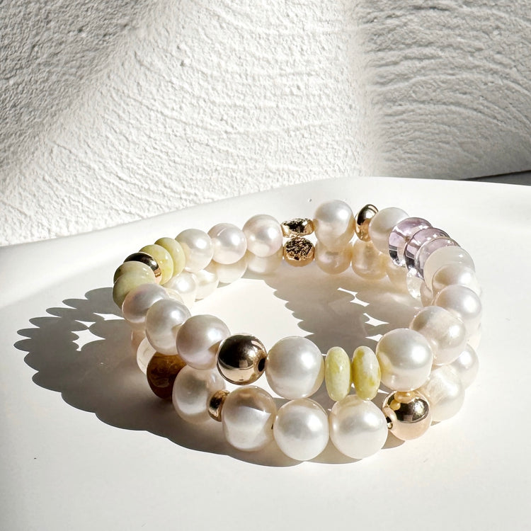 Pearl, Rutilated Quartz and Gold Filled Bracelet