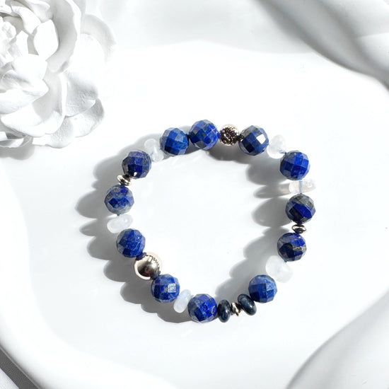 Lapis Lazuli and Moonstone bracelet paired with gold filled elements, hand crafted in Singapore.