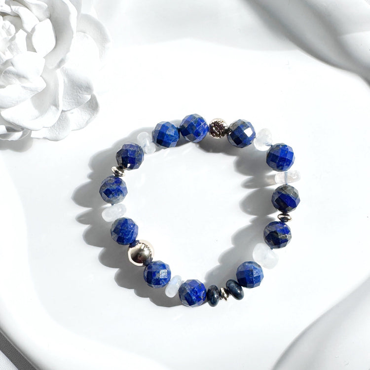 Lapis Lazuli and Moonstone bracelet paired with gold filled elements, hand crafted in Singapore.